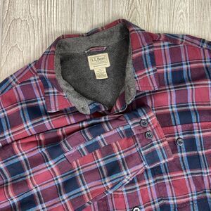 LL Bean Fleece Lined Flannel Shirt Jacket Men’s XL Burgundy Blue Plaid Shacket 2
